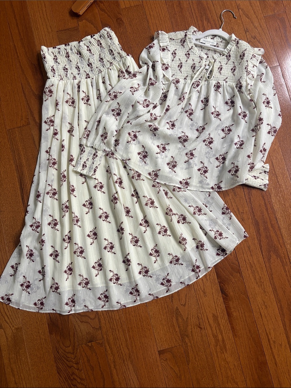 Treasure & Bond Cream Blouse and Skirt Set with Burgundy Floral Print